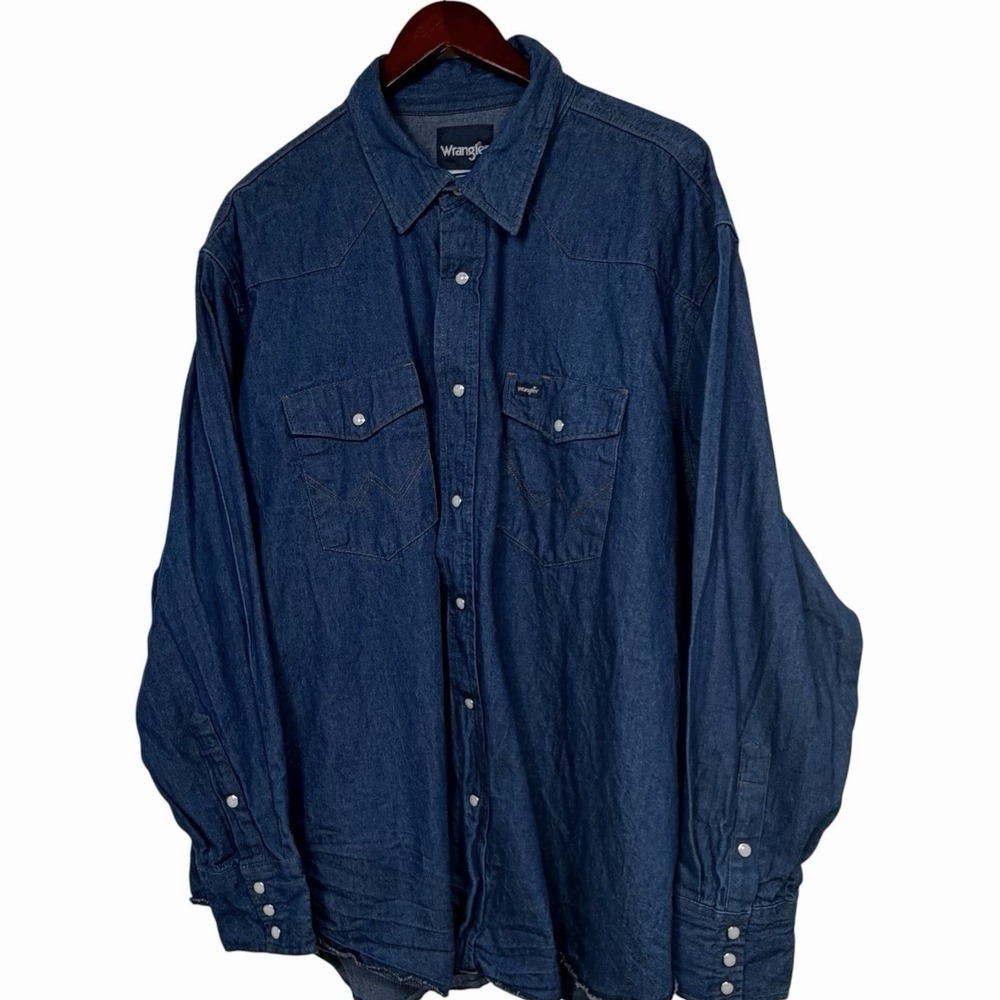 Wrangler Mens 3X Western Denim Shirt Blue Pearl Snap Raw Hem Long Sleeve Big